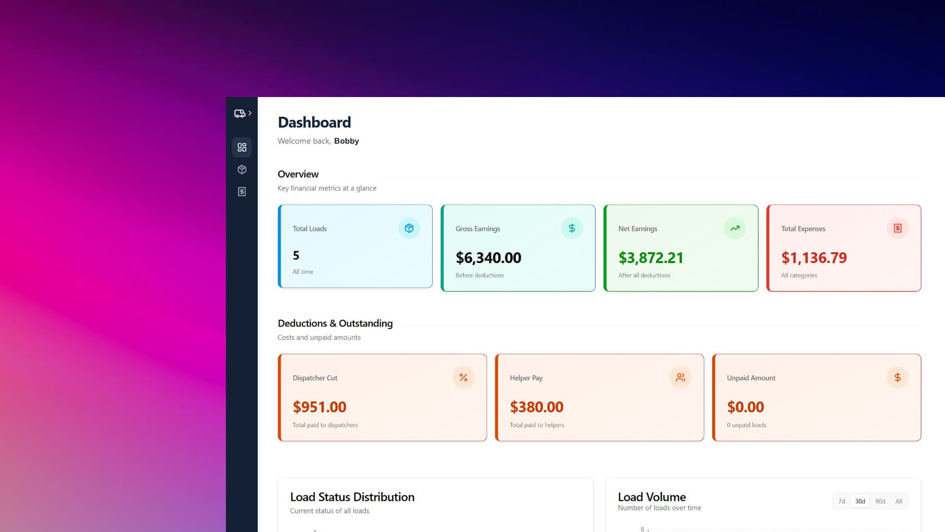 VanLogIQ Dashboard showing load tracking and status flow