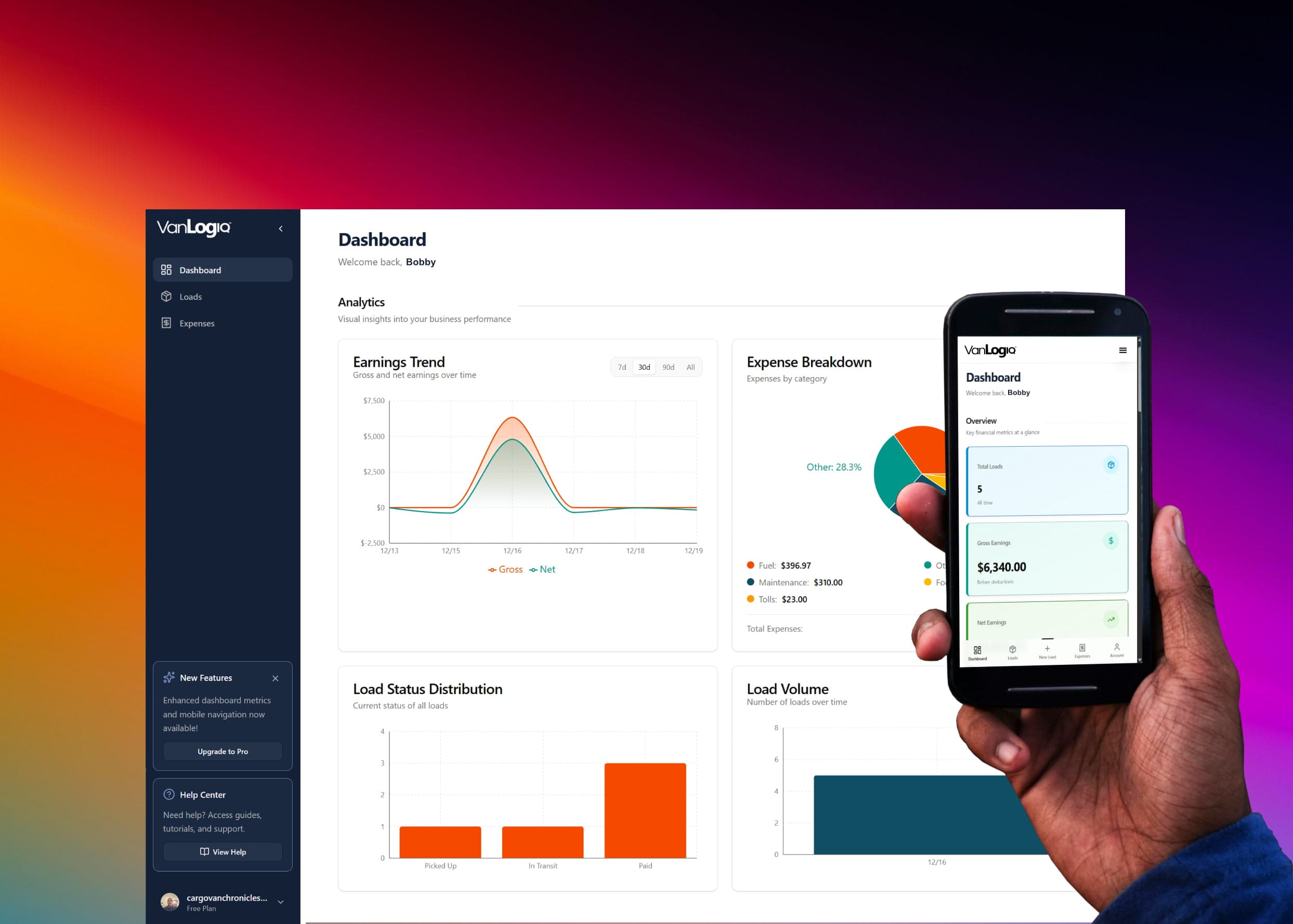 VanLogIQ Dashboard showing status flow and load management